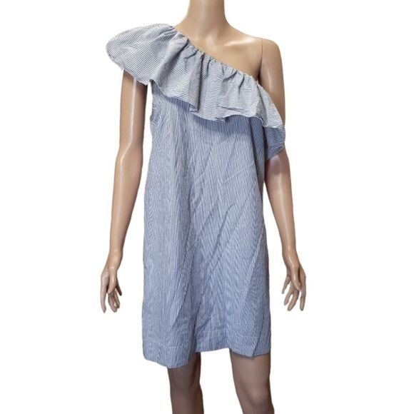 Abercrombie Pinstripe One Shoulder Ruffle Shift Dress MEDIUM - Picture 2 of 14